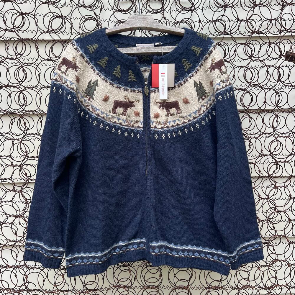 Croft and Barrow 1X Cabincore Moose Trees Wool Blend Zip Up Cardigan Sweater NEW